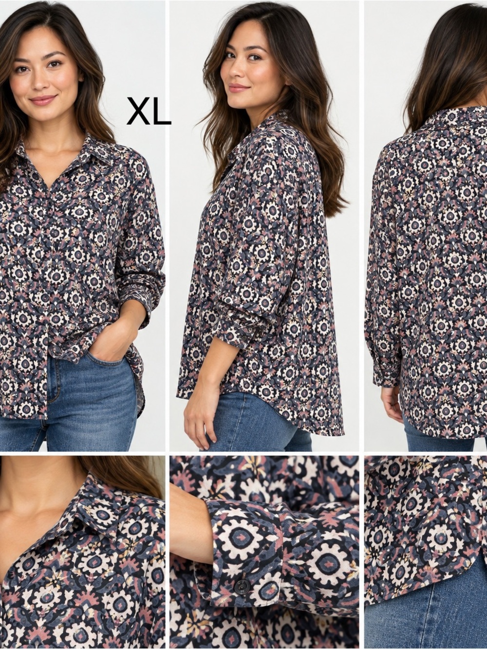 Xirena Tesse Top "Gray Bird" Floral Relaxed Button Front Silhouette Oversized